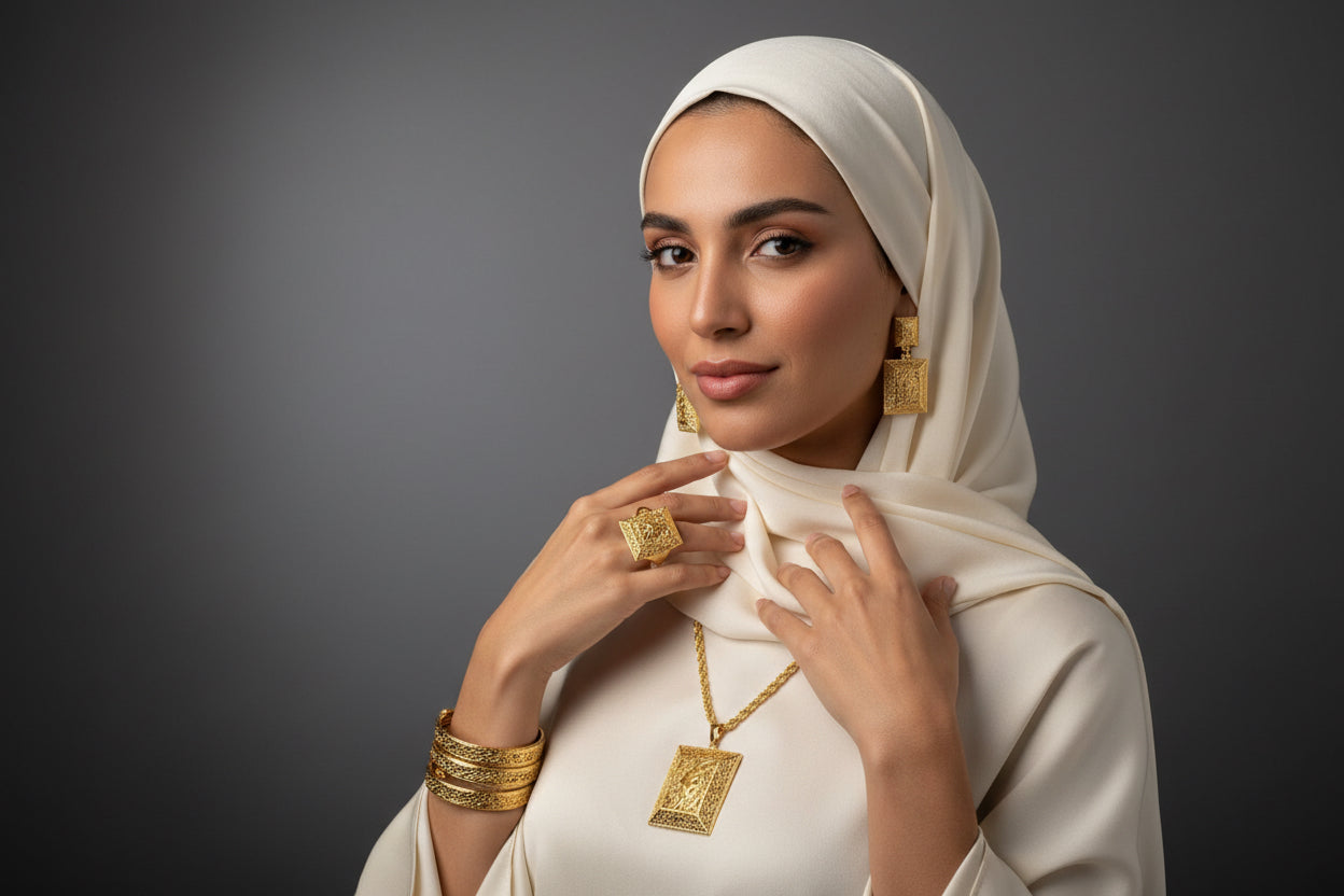 Set Beldi Mushaf Collana tre bracciali anello orecchini