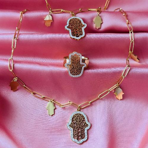 Set Bracciale, Collana e Anello “Mano di Hamsa” in Acciaio Inossidabile Placcato Oro 18 Carati - Dai Cute